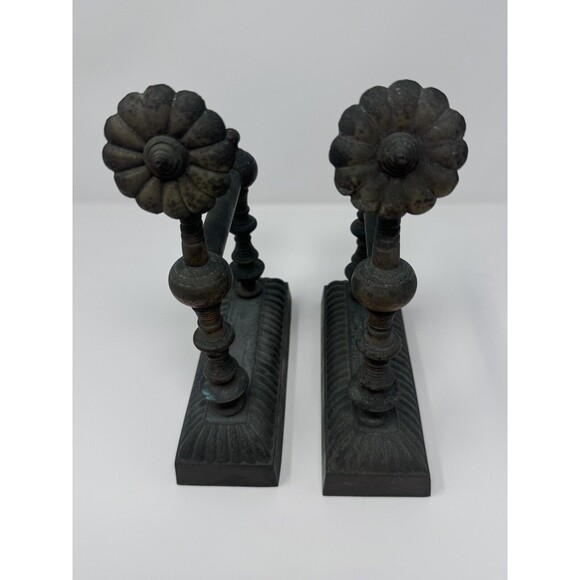 Antique Brass Fireplace Tool Rests (2) Decorative Hearth Flower Patina India